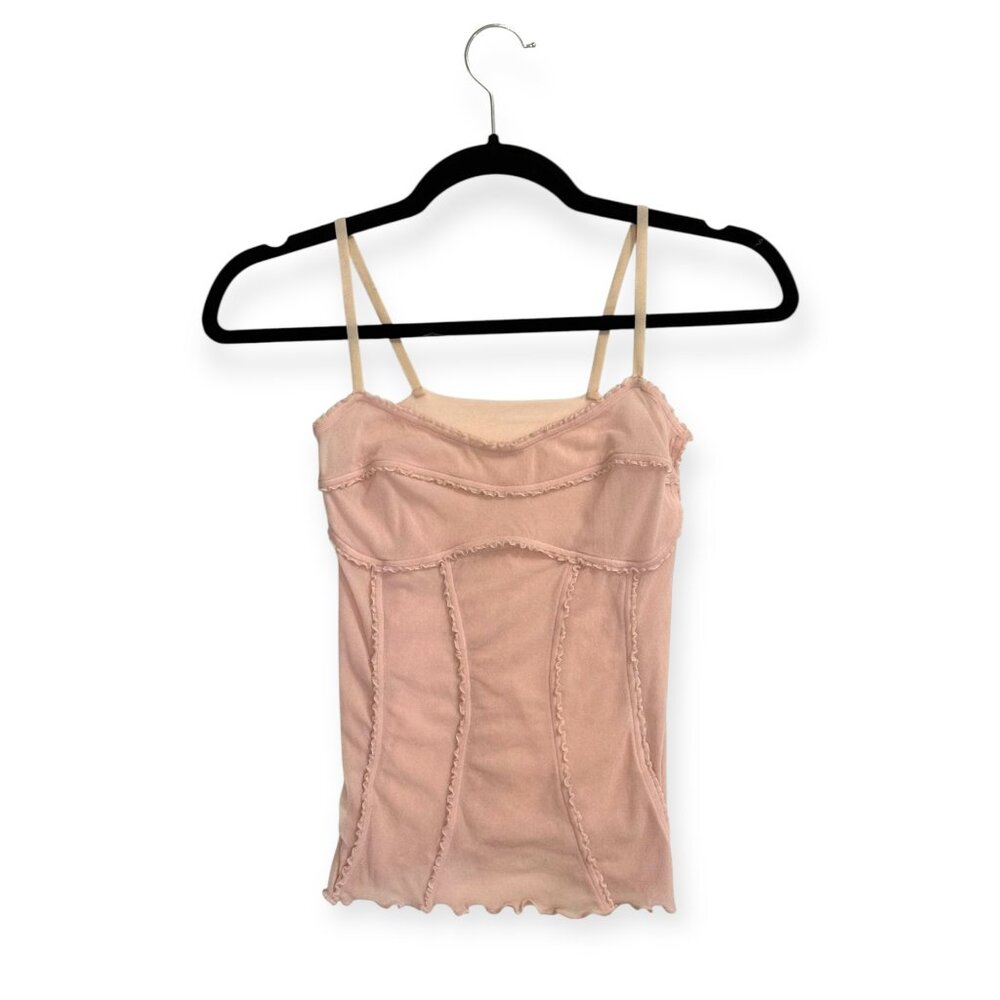 On Gossamer Sheer Light Pink Camisole with Ruffle Corset Details, Size Small